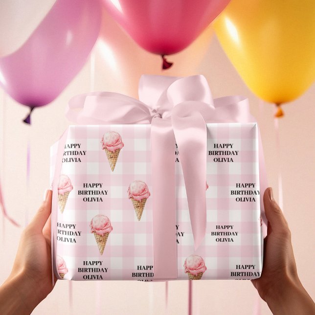 Papel De Presente Sweet Ice Cream Birthday Pink Gingham Custom Name (Criador carregado)