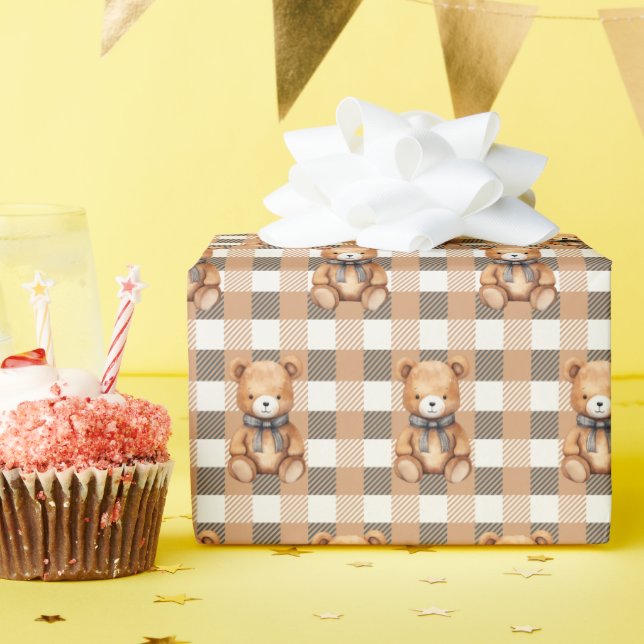 Papel De Presente Sweet Neutral Teddy Bear Plaid  (Festa de aniversário)