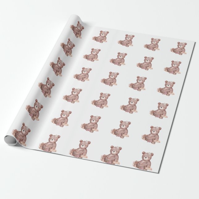 Papel De Presente Sweet Teddy Bear Baby Shower Wrapping Paper (Desenrolado)