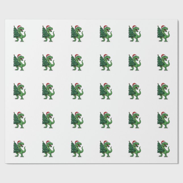 Papel De Presente T-Rex de Natal Carregando Árvore de Natal (Aberto)