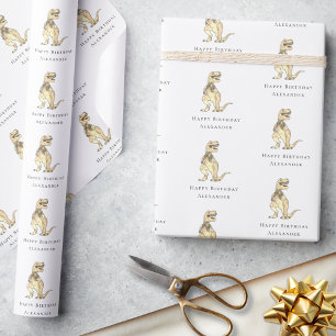Papel De Presente T-Rex Dinossauro Feliz Aniversário Personalizado