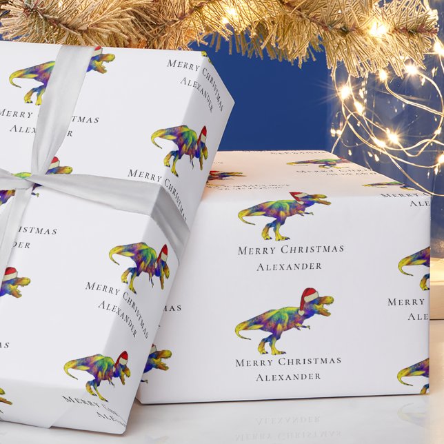 Papel De Presente T-Rex engraçado de Natal Personalizado (Funny christmas T-Rex dinosaur personalized boy name wrapping paper colorful funky Jurassic dino)