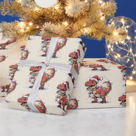 Papel De Presente T-Rex Engraçado Menino das Luzes de Natal