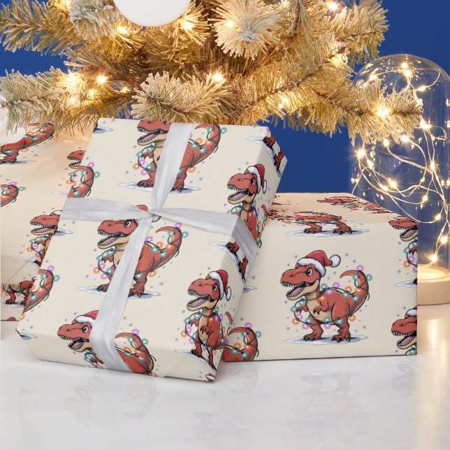 Papel De Presente T-Rex Engraçado Menino das Luzes de Natal (Feriados)
