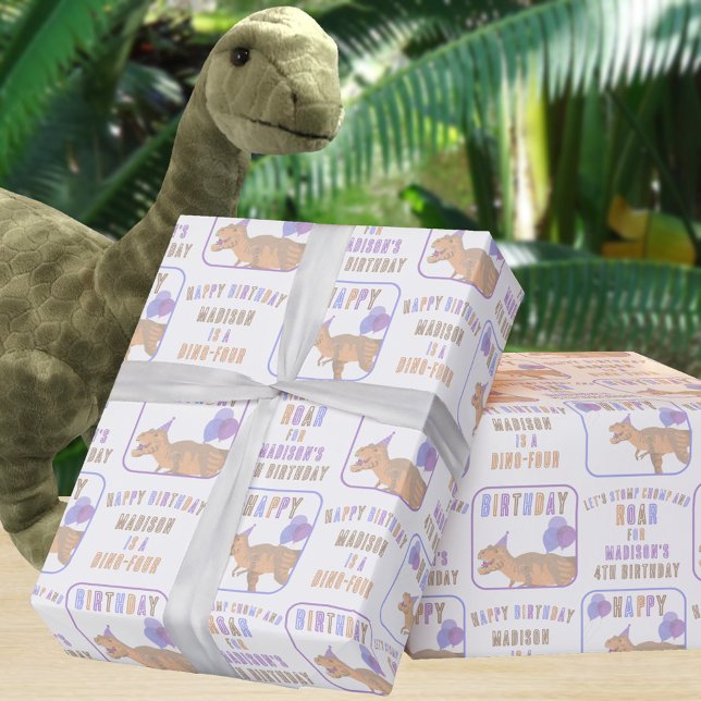 Papel De Presente T-Rex Tan Adicionar Nome E Idade Do Dinossauro Ani (This cute dinosaur birthday wrapping paper is easy to personalize with child's name and age)