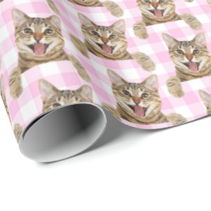 Papel De Presente Tabby Cat Em Gingham Rosa
