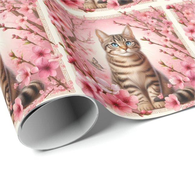 Papel De Presente Tabby Cat Japonês Cherry Blossom Flower Kitten (Ponta do rolo)