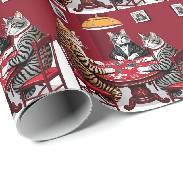 Papel De Presente Tabby Cats Reproduzindo Poker (Ponta do rolo)