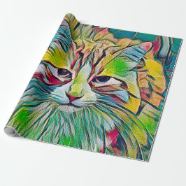 Papel De Presente Tabby Gato Branco Abstrato Verde Arte Azul