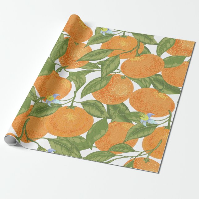 Papel De Presente tangerina de laranja sem costura com folhas e (Desenrolado)