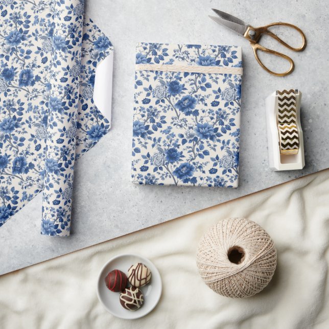 Papel De Presente Tapeçaria Floral Azul Elegante (Artesanato)
