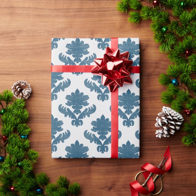Papel De Presente Tapeçaria Francesa Azul e Branco (Presente de Natal)