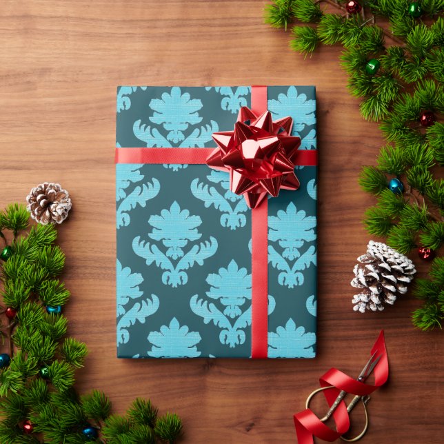 Papel De Presente Tapeçaria Francesa Turquesa e Azul Escuro (Presente de Natal)