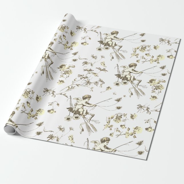 Papel De Presente Tapete Cupido Angel Beige Creme Floral (Desenrolado)