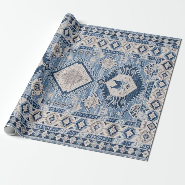 Papel De Presente Tapete Kilim Azul Antigo Oriental (Desenrolado)