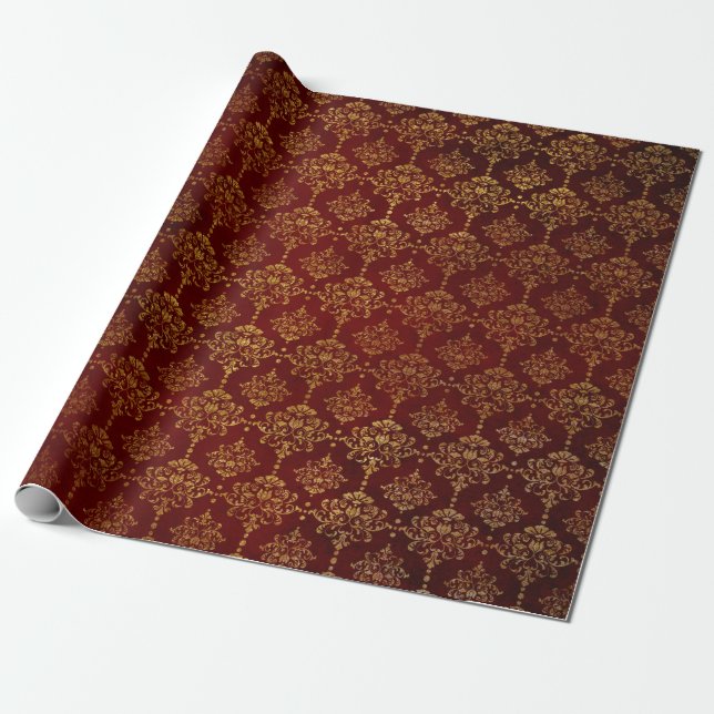 Papel De Presente Tapete Vermelho Velvet Damask Ouro Real (Desenrolado)