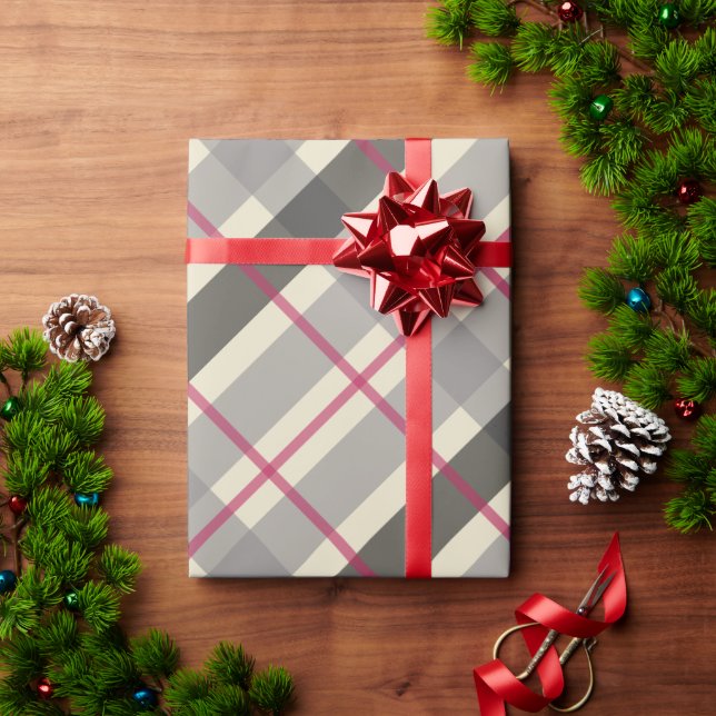 Papel De Presente Tartan Balmoral Black Cinza Beige Burgundy (Presente de Natal)