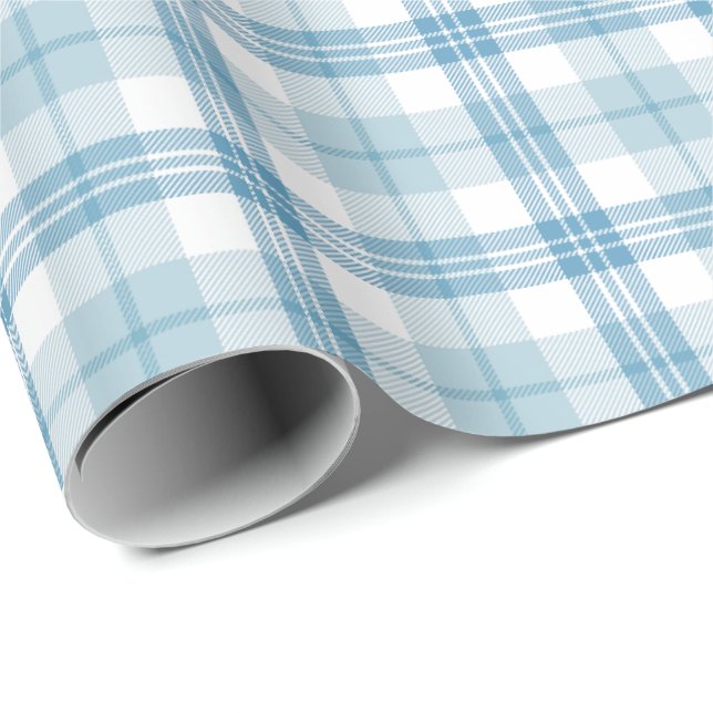 Papel De Presente Tartan Branco e Azul Pastel Clássico (Ponta do rolo)
