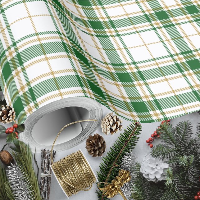 Papel De Presente Tartan - Branco-Verde-Caramelo Dourado (Tartan - White-Green-Caramel Gold Wrapping Paper by Leapfroglisics Shop)