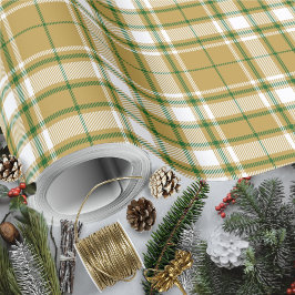 Papel De Presente Tartan - Caramel Dourado-Branco-Verde