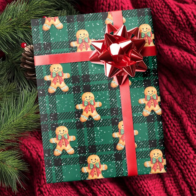 Papel De Presente Tartan Green Black Gingerpão nevado Natal (Tartan Green Black Gingerbread Snowfall Christmas Wrapping Paper)