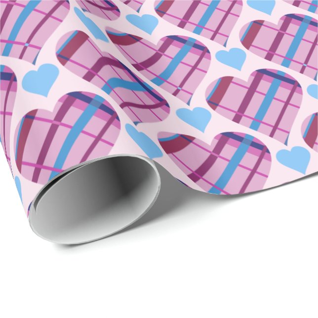 Papel De Presente Tartan Hearts Pink and Blue Namorados (Ponta do rolo)