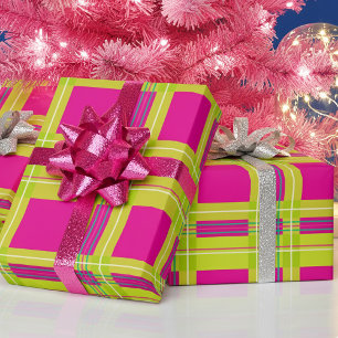 Papel De Presente Tartan Plaid Xadrez Natal Rosa Vibrante Divertido