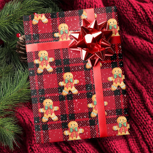 Papel De Presente Tartan Red Black Gingerpão nevado Natal