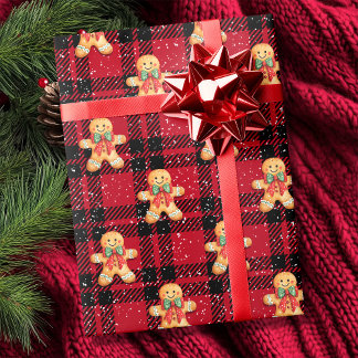 Papel De Presente Tartan Red Black Gingerpão nevado Natal