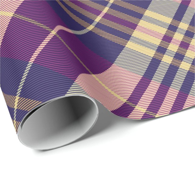 Papel De Presente Tartan roxo, Dourado e azul girado (Ponta do rolo)