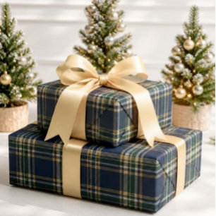 Papel De Presente Tartan Xadrez de Natal Clássico Azul Marinho e Ver