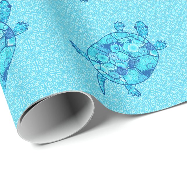 Papel De Presente Tartaruga-frágil-espiral - cobalto e azul-turquesa (Ponta do rolo)