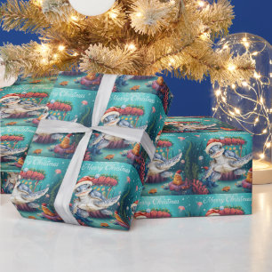 Papel De Presente Tartaruga Santa Chapéu Sob o Mar Festa de Natal