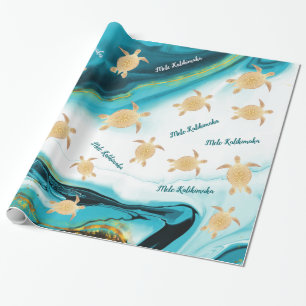 Papel De Presente Tartarugas do Mar Dourado Turquesa Mele Kalikimaka