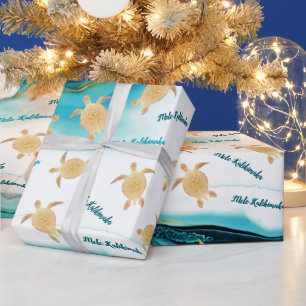 Papel De Presente Tartarugas do Mar Dourado Turquesa Mele Kalikimaka