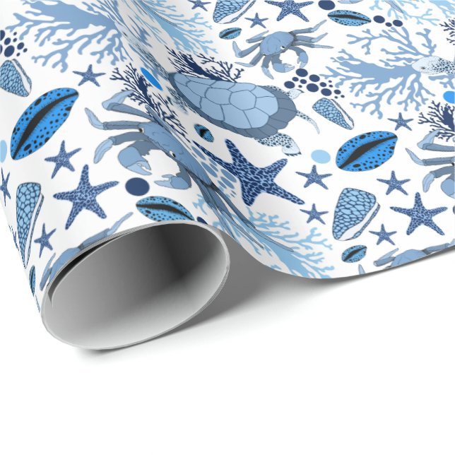 Papel De Presente Tartarugas marinhas fofas padrão de caranguejos fe (Ponta do rolo)