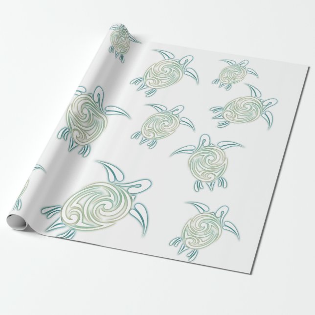 Papel De Presente Tartarugas marinhas Padrão Verde Branco (Desenrolado)