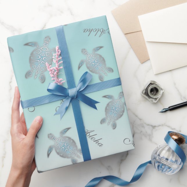 Papel De Presente Tartarugas Marinhas Turquesa Prata Aloha Costeiro  (Presentear)