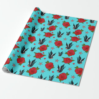 Papel De Presente Tattoo Swallows e Rosas Rockabilly Birthday