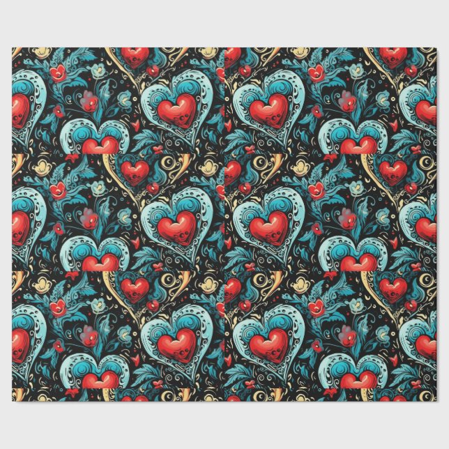 Papel De Presente Tatuagem Blue Red Hearts Theme (Barra)