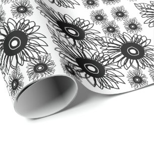 Papel De Presente Tatuagem Girassol Floral Preto Branco Tatuagem Flo