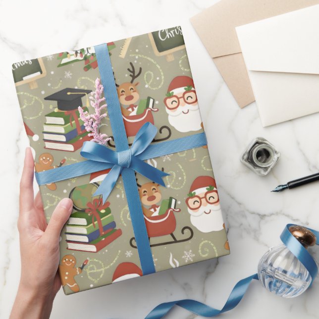 Papel De Presente Teacher Christmas Cute Reindeer Santa School (Presentear)