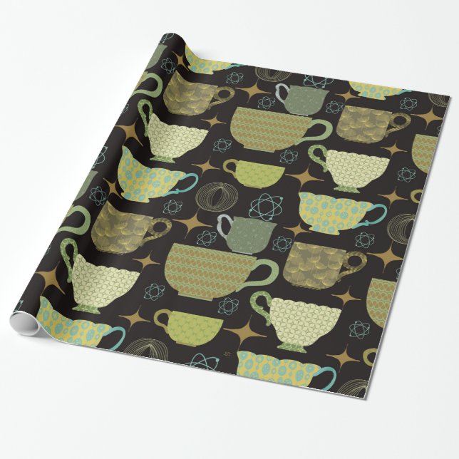 Papel De Presente Teacup Preto Moderno do meio século (Desenrolado)