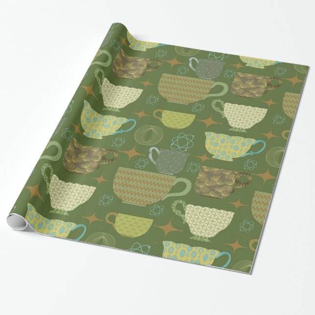 Papel De Presente Teacup Verde Brilhante Moderno do meio século (Desenrolado)