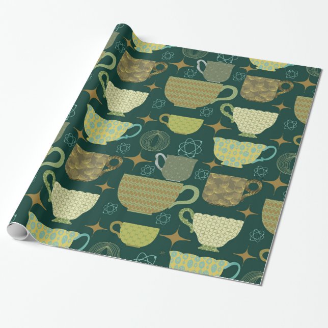 Papel De Presente Teacup Verde Escuro Moderno do meio século (Desenrolado)