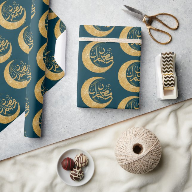 Papel De Presente Teal Blue e Ramadan Mubarak Dourado | Presente Ram (Artesanato)