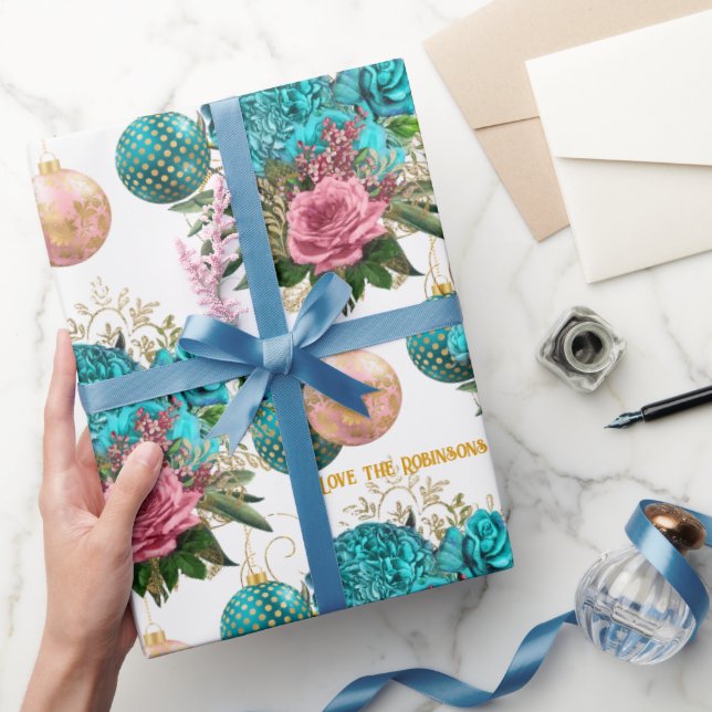 Papel De Presente Teal & Blush Floral Elegante Personalizado Natal (Presentear)