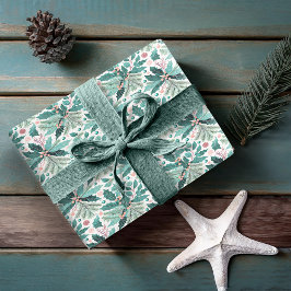 Papel De Presente Teal Christmas Holly Berries Pattern#17 ID1009