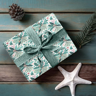 Papel De Presente Teal Christmas Holly Berries Pattern#17 ID1009
