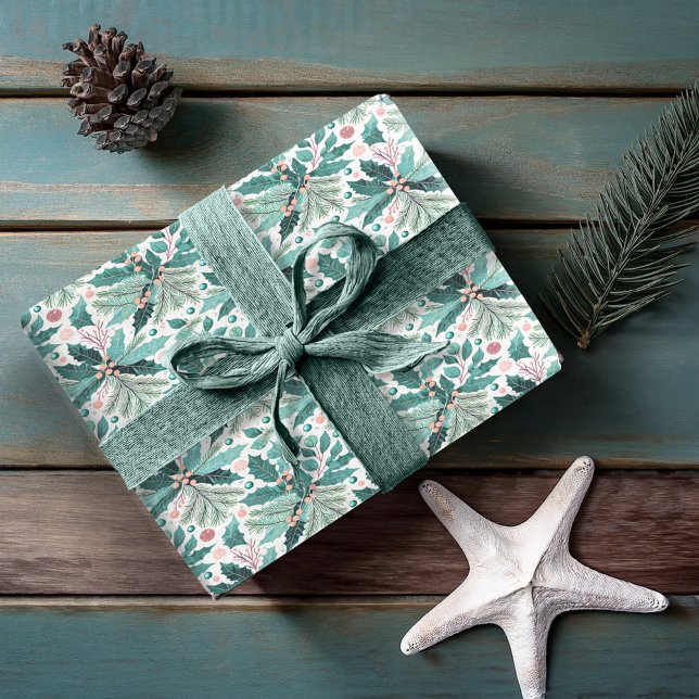 Papel De Presente Teal Christmas Holly Berries Pattern#17 ID1009 (Criador carregado)